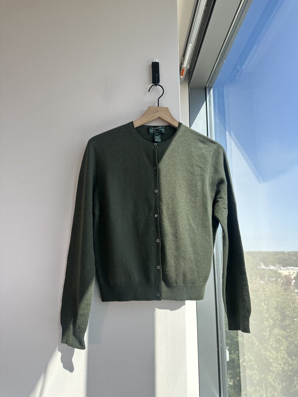 Lauren Ralph Lauren 100% Cashmere Forest Green Crewneck Cardigan Sz PL